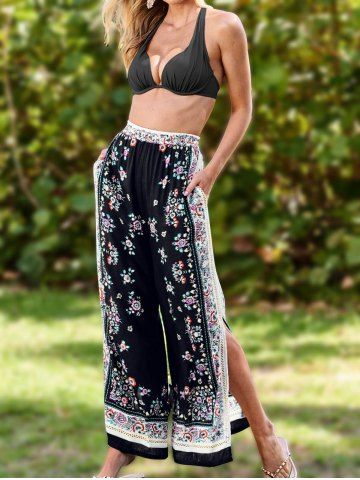 Ethnic Style Flower Printed Elastic High Waisted Slit Wide Leg Pants - BLACK - M