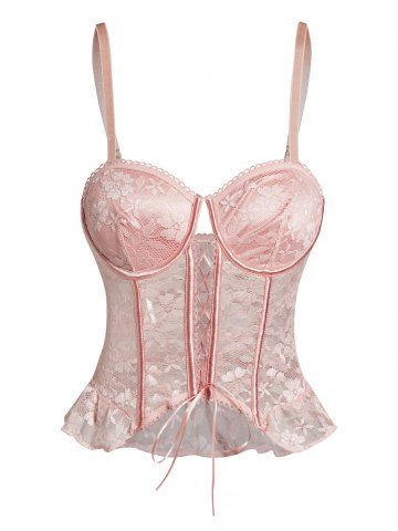 Sheer Floral Lace Underwire Lace Up Adjustable Corset - LIGHT PINK - M