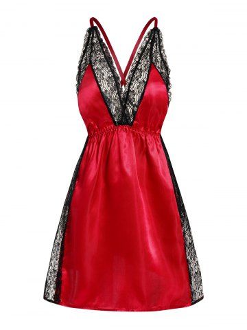 Flower Lace Panel Plunging Neck Satin Lingerie Dress - RED - L