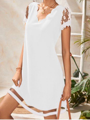 Flower Lace Panel Plain Color Scalloped V Neck Short Sleeve A Line Mini Dress - WHITE - L