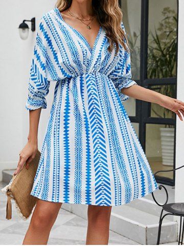 Vacation Geometric Pattern Tied Back Surplice Plunge High Waisted A Line Mini Dress - LIGHT BLUE - S