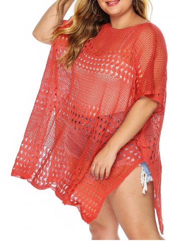 Plus Size Crochet Plain Color Hollow Out Slit Beach Cover-up Top - RED - 1XL