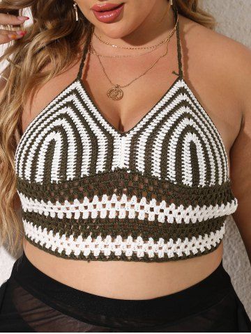 Plus Size Contrast Colorblock Halter Hollow Out Backless Beach Crochet Cover-up Cropped Top - MULTI-A - ONE SIZE