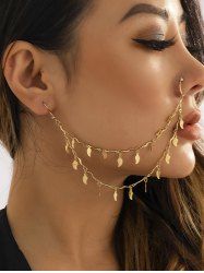 Leaf Charm Double Layer Nose Ring Stud Earrings Chain -  