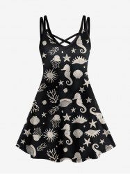Plus Size Crisscross Marine Life Printed A Line Dress -  