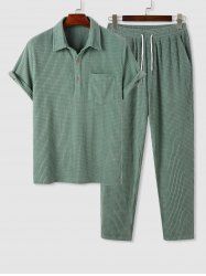 Textured Solid Color Polo Collared T-shirt and Casual Pants Set -  