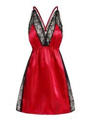 Robe Lingerie Panneau en Dentelle Fleur en Satin à Col Plongeant - Rouge L