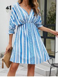 Vacation Geometric Pattern Tied Back Surplice Plunge High Waisted A Line Mini Dress -  