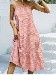 Robe Mi-Longue de Vacances Linge A Superposée à Carreaux Imprimé à Bretelle Fine - Rose clair M