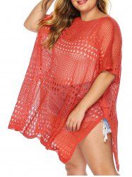 Plus Size Crochet Plain Color Hollow Out Slit Beach Cover-up Top -  