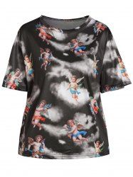 Plus Size Cloud Angel Print Round Neck Short Sleeve T Shirt -  