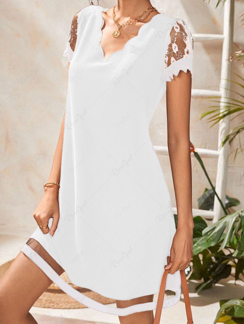 Cheap Flower Lace Panel Plain Color Scalloped V Neck Short Sleeve A Line Mini Dress  