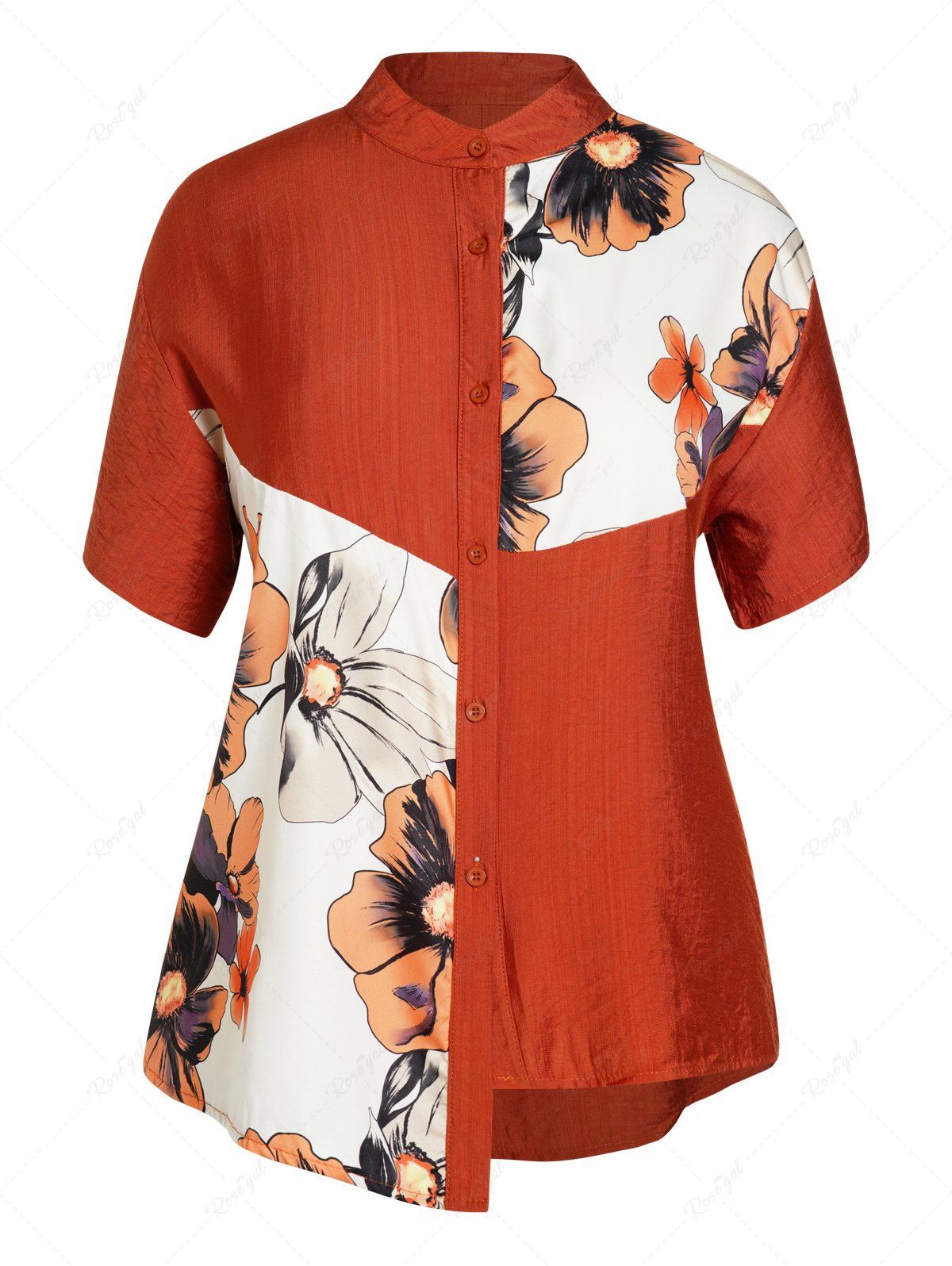 Cheap Plus Size Contrast Colorblock Flower Print Stand Collar Short Sleeve Button Up Shirt  