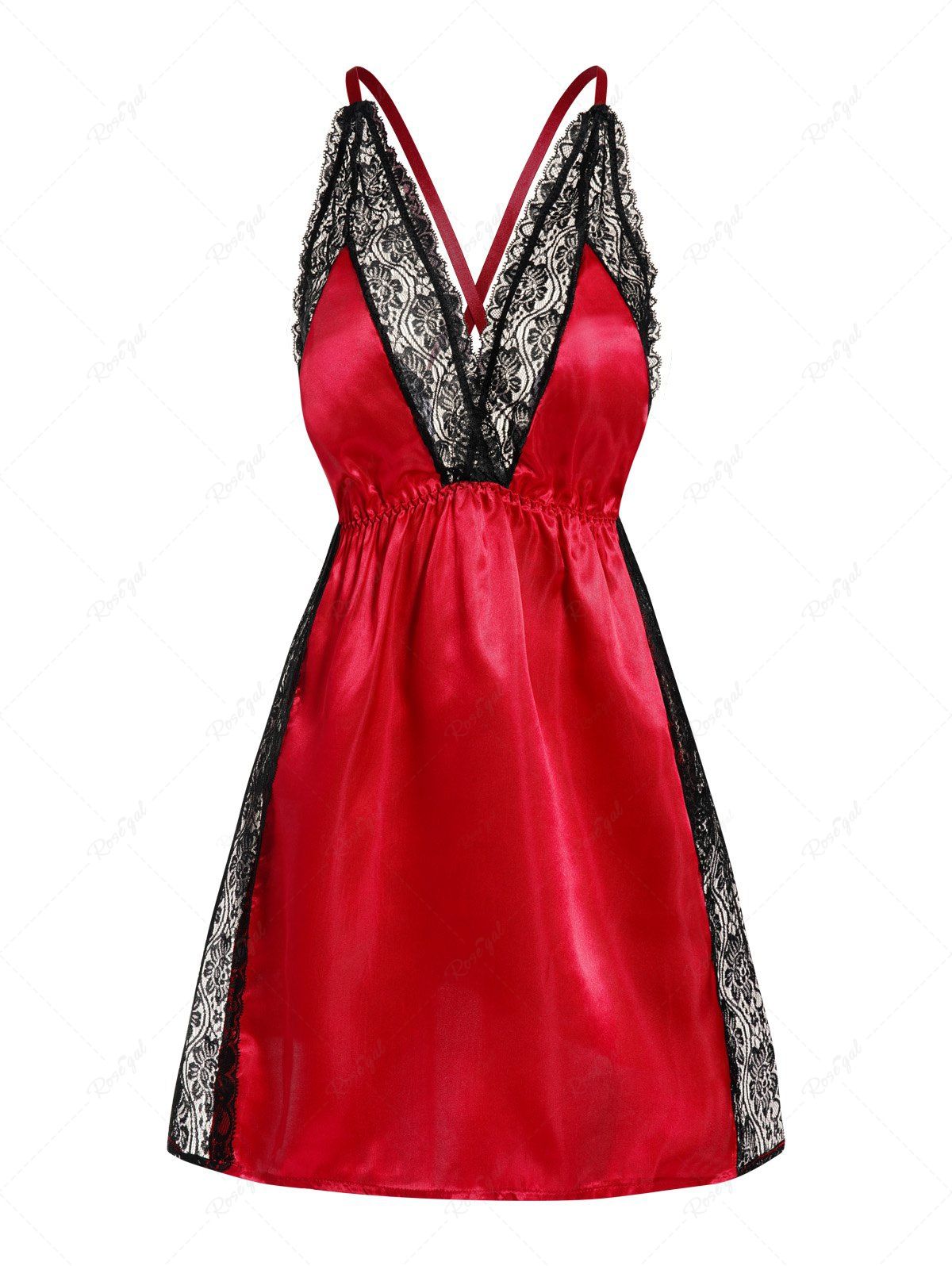 Robe Lingerie Panneau en Dentelle Fleur en Satin à Col Plongeant Rouge L