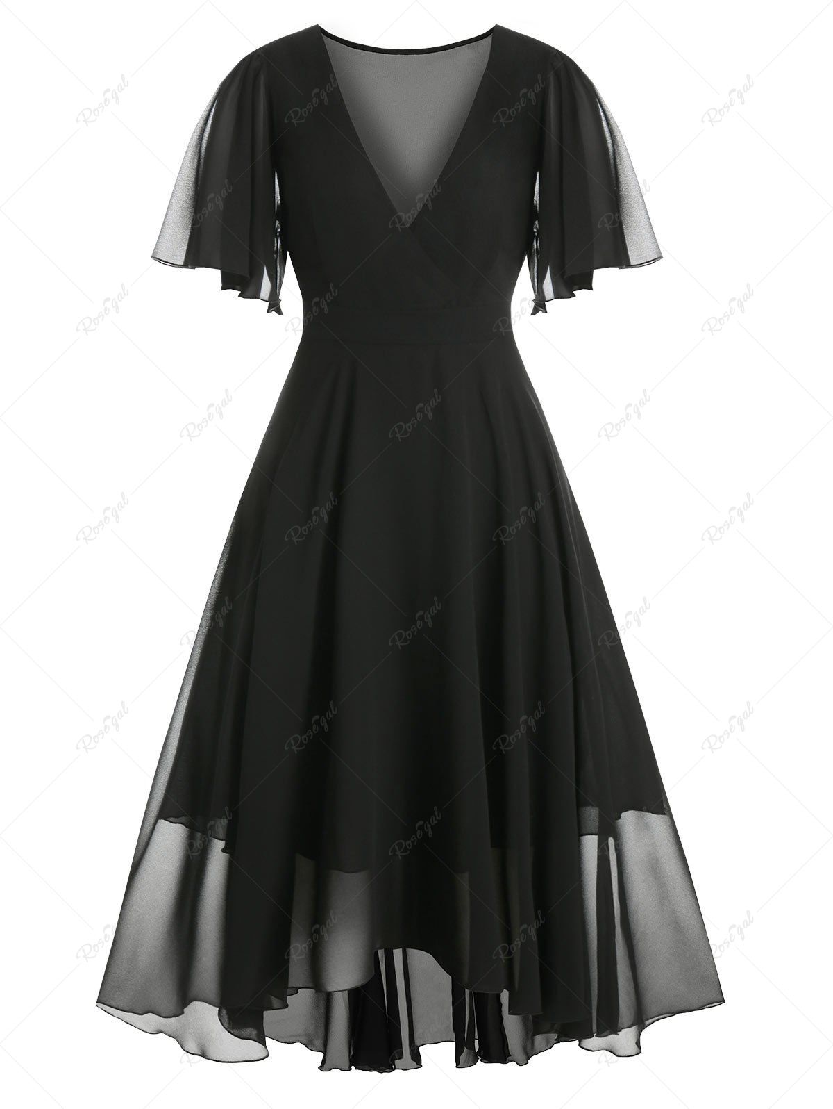 Outfit Plus Size Plunge Flutter Sleeve Chiffon Maxi Dress  