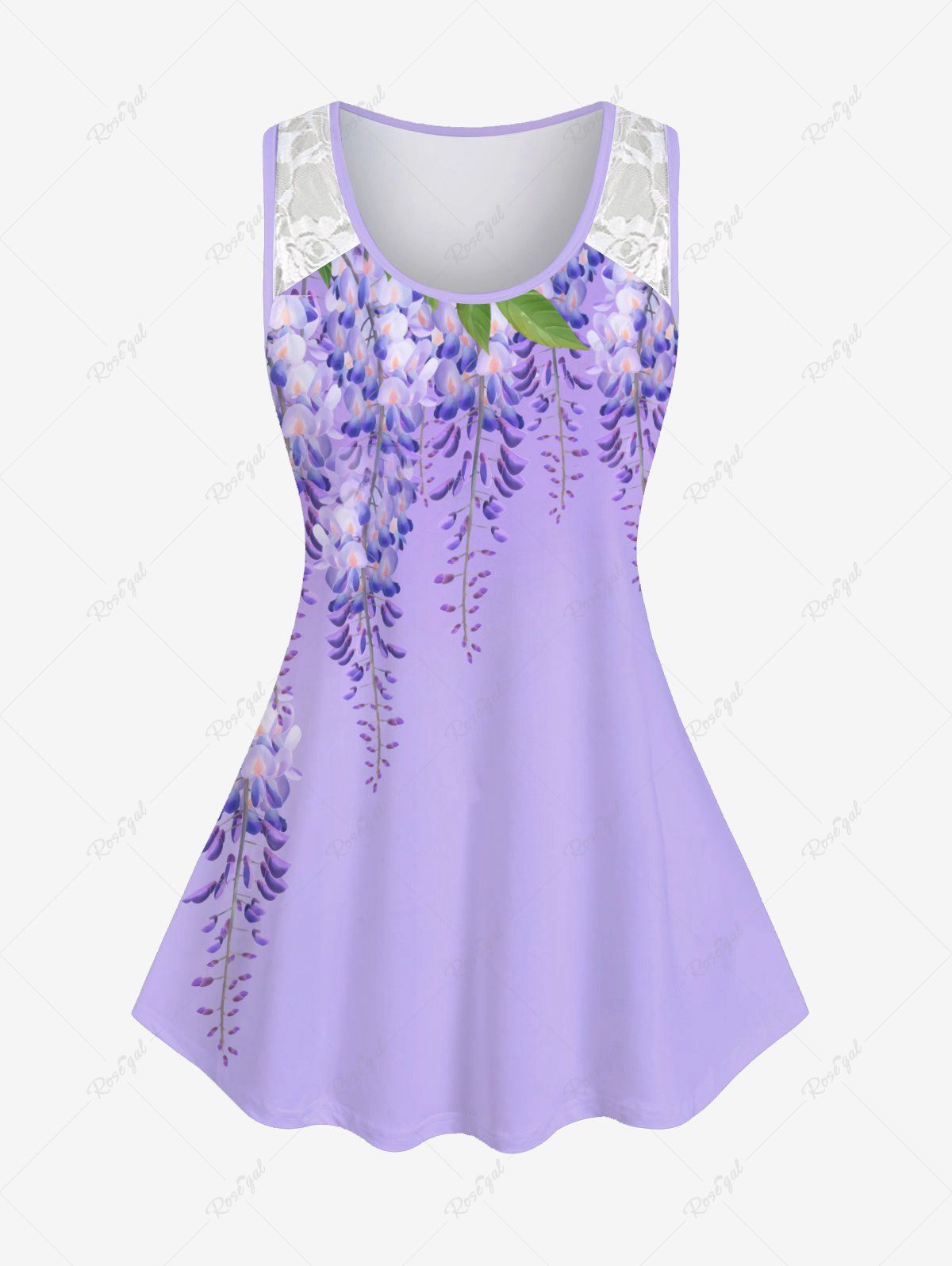 Online Plus Size Floral Printed Contrast Lace Panel Tank Top  