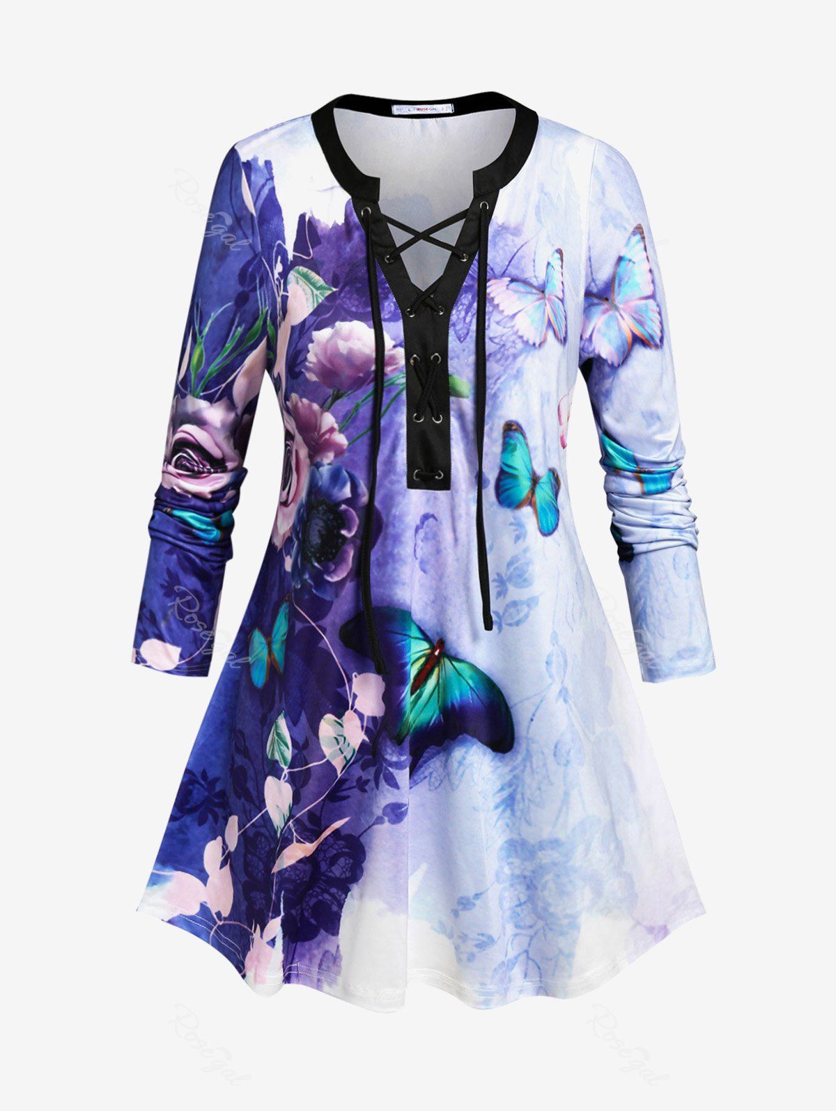 Latest Plus Size Flower Butterfly Lace Up Long Sleeve Tunic Top  