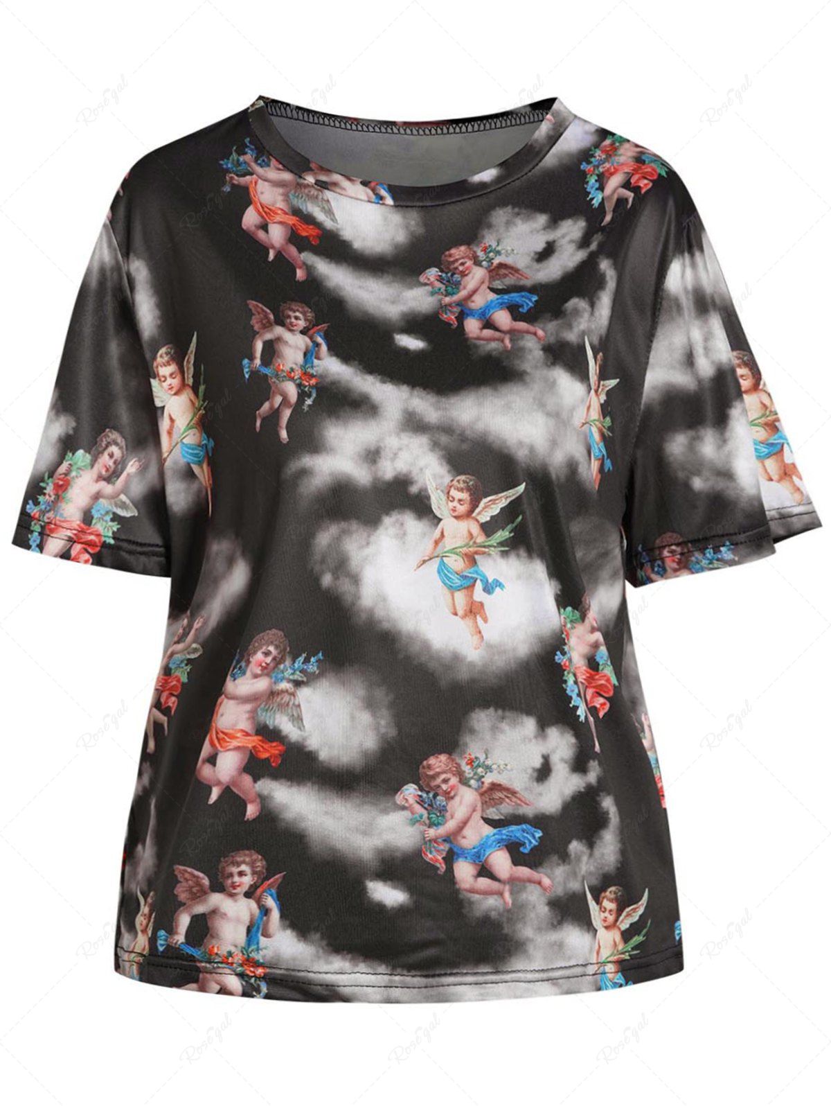 Shop Plus Size Cloud Angel Print Round Neck Short Sleeve T Shirt  