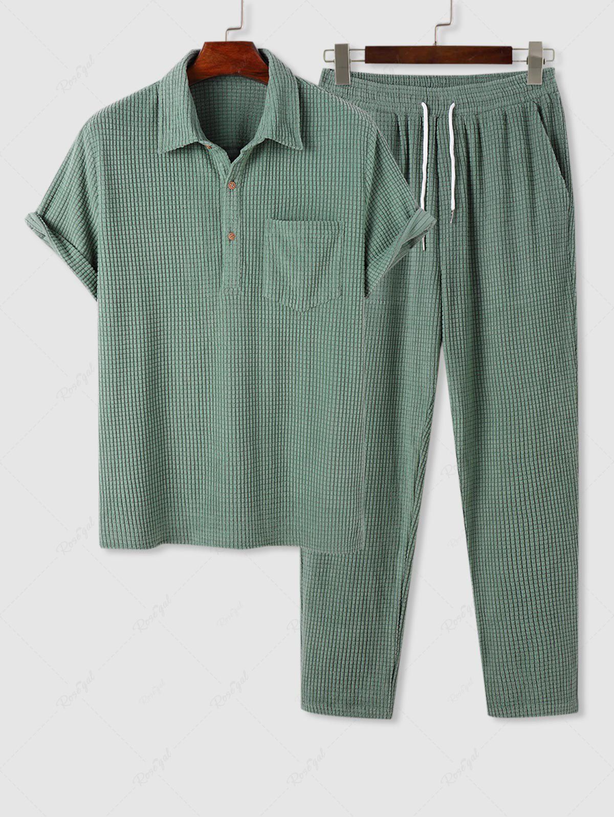 Discount Textured Solid Color Polo Collared T-shirt and Casual Pants Set  