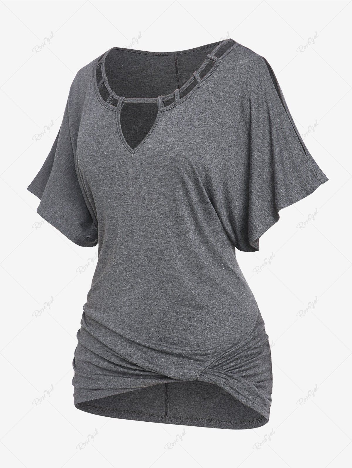 Online Plus Size Batwing Sleeves Hollow Out Twist Keyhole T-shirt  