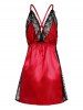 Robe Lingerie Panneau en Dentelle Fleur en Satin à Col Plongeant - Rouge L