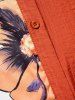 Plus Size Contrast Colorblock Flower Print Stand Collar Short Sleeve Button Up Shirt -  