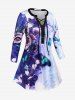 Plus Size Flower Butterfly Lace Up Long Sleeve Tunic Top -  