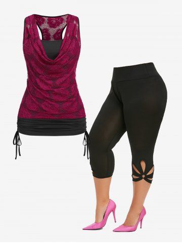 Cowl Neck Cinched Rose Lace Tank Top and Cut Out Capri Leggings Plus Size Summer Outfit - DEEP RED