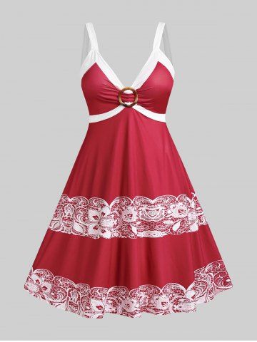 Plus Size Plunge O Ring Printed Empire Waist Dress - RED - 5X