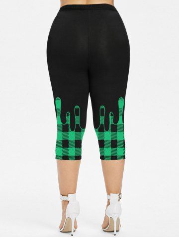 Plus Size Paint Drop Blobs Printed Plaid Capri Leggings