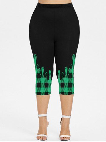 Plus Size Paint Drop Blobs Printed Plaid Capri Leggings