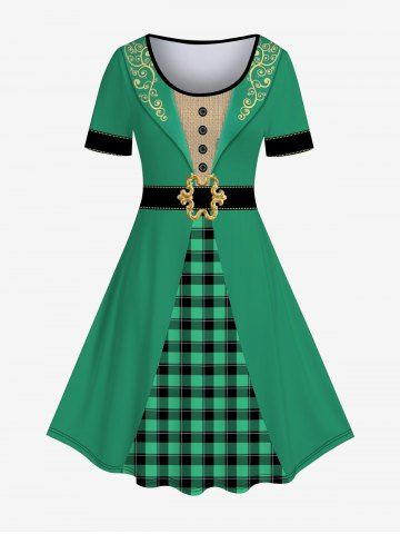 Plus Size Saint Patrick's Day 3D Print Checked Leprechaun Costume Dress - GREEN - 5X | US 30-32