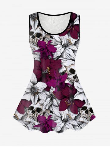 Gothic Flower Skull Print Lace Panel Tank Top - RED - M | US 10