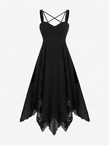 Gothic Lace Godet Crisscross Strappy Handkerchief Hem Chiffon Maxi Dress