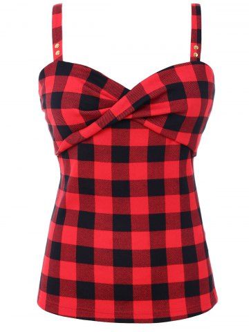Plus Size Checked Twist Front Tank Top - RED - 1X | US 14-16