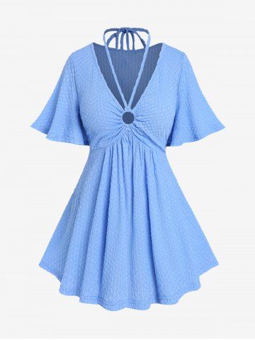 Plus Size O-ring Halter Flutter Sleeves Texture T-shirt - BLUE - 2X | US 18-20