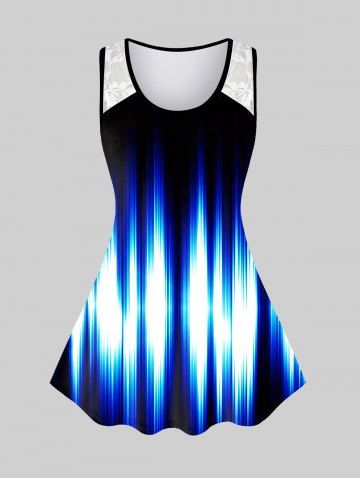 Tank Top de Encaje de Talla Extra con Estampado de Hoja con Panel de Encaje - BLUE - 5X | US 30-32
