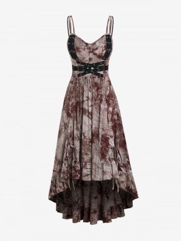 Gothic Tie Dye Grommets Crisscross Ruffle Cinched Ruched Maxi Dress - DEEP COFFEE - 4X | US 26-28