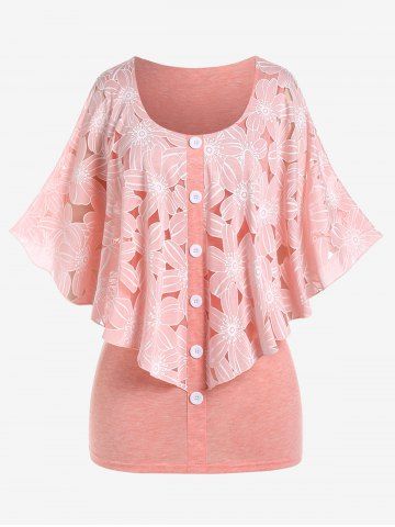Plus Size Buttoned Floral Print Capelet Top - LIGHT PINK - M | US 10