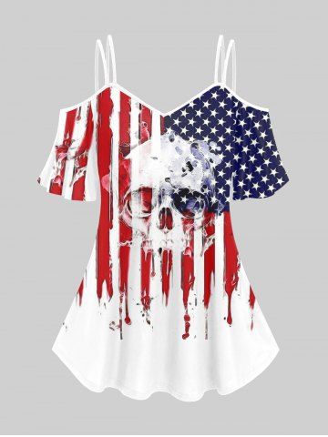 Gothic Patriotic American Flag Skull Print Cold Shoulder Top - WHITE - 3X | US 22-24