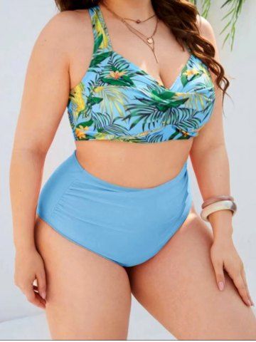 Plus Size Tropical Leaf Flower Print Padded Crossover High Waist Bikini Swimsuit - LIGHT BLUE - 2XL