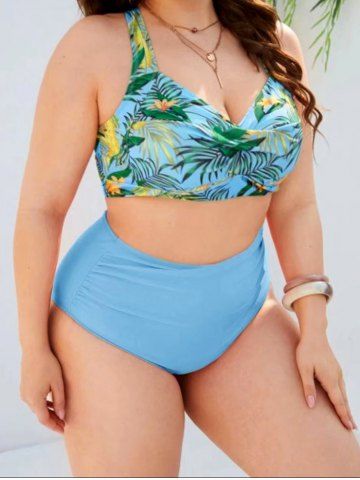 Plus Size Tropical Leaf Flower Print Padded Crossover High Waist Bikini Swimsuit - LIGHT BLUE - 1XL