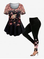 Gothic Floral Skull Print T-shirt and Floral Skull Print Leggings Outfit -  