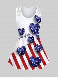 Plus Size 3D Heart American Flag Printed Lace Panel Patriotic Tank Top -  