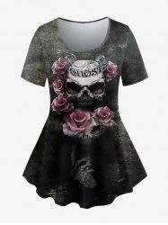 Gothic Retro Rose Skull Print T-shirt -  