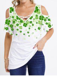 Four Leaves Print Cold Shoulder V Neck T-shirt -  