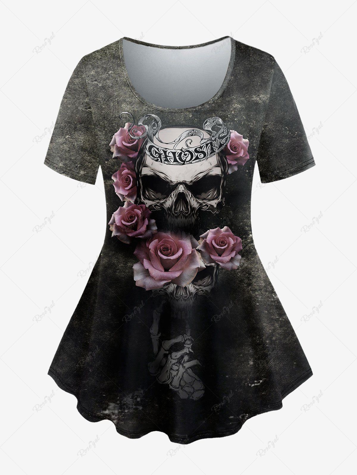 Unique Gothic Retro Rose Skull Print T-shirt  