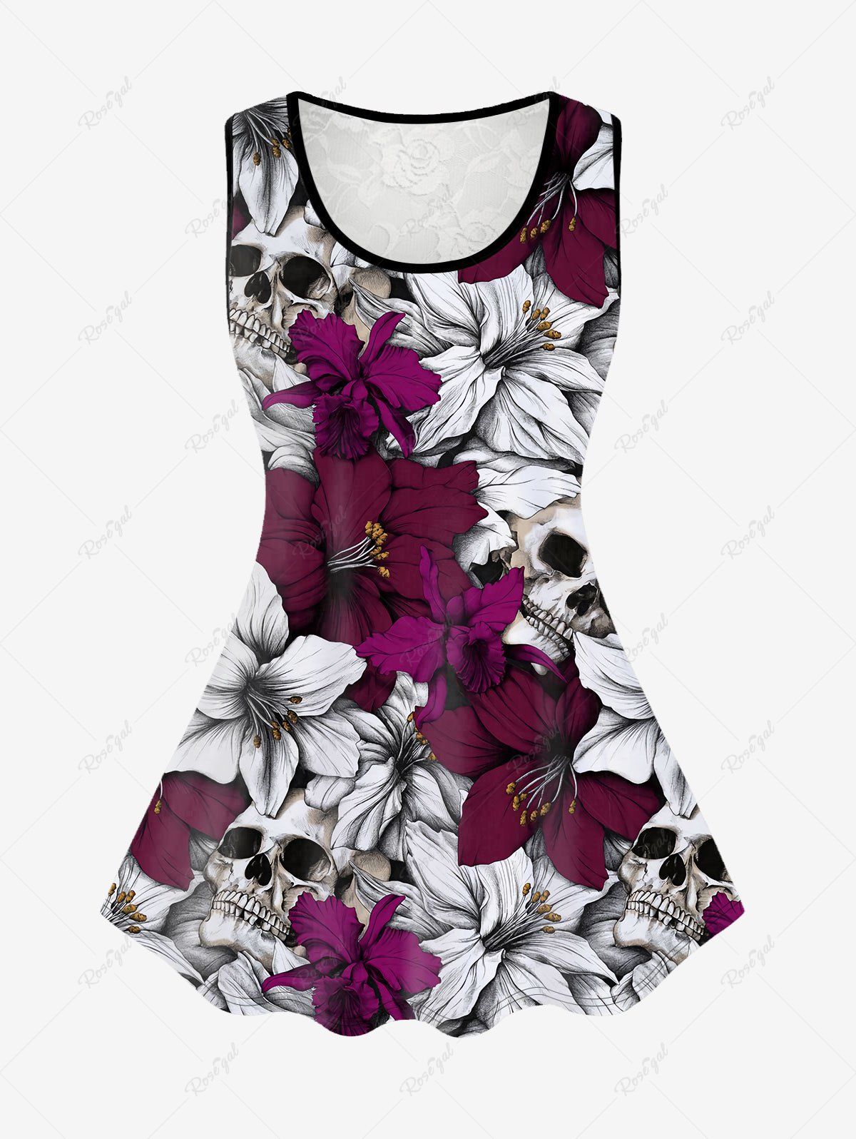 Online Gothic Flower Skull Print Lace Panel Tank Top  