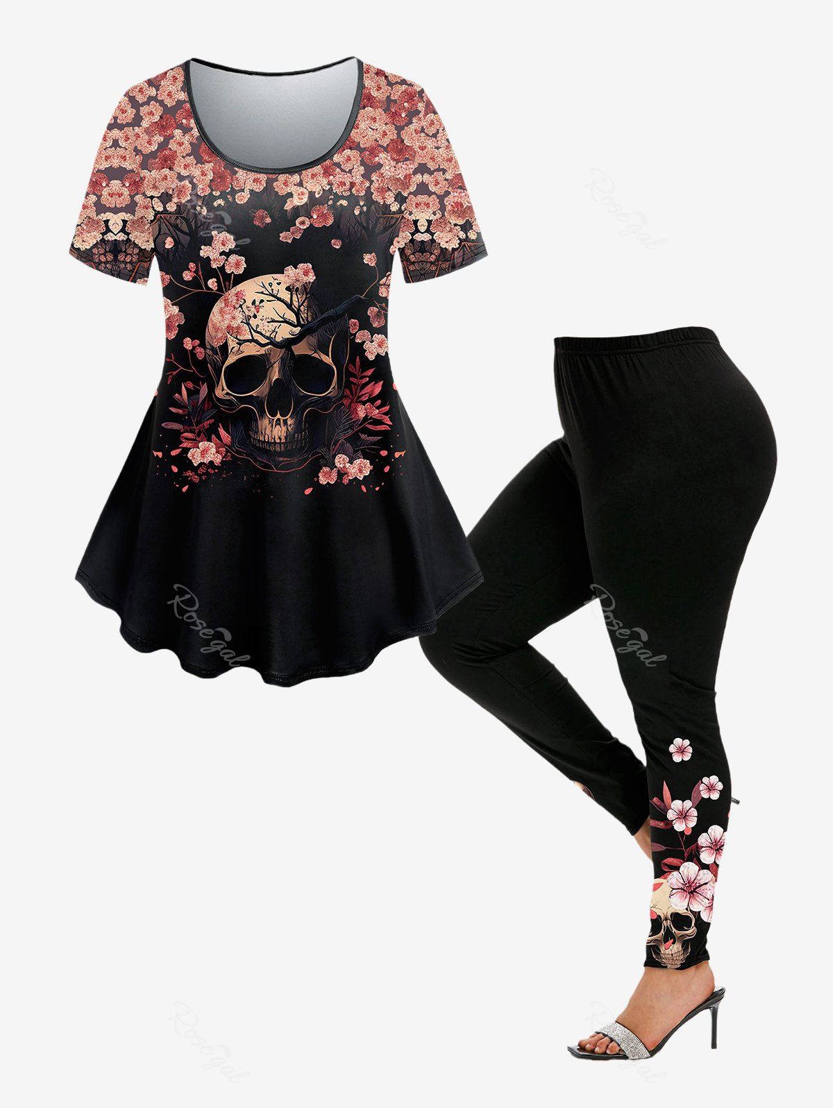 New Gothic Floral Skull Print T-shirt and Floral Skull Print Leggings Outfit  