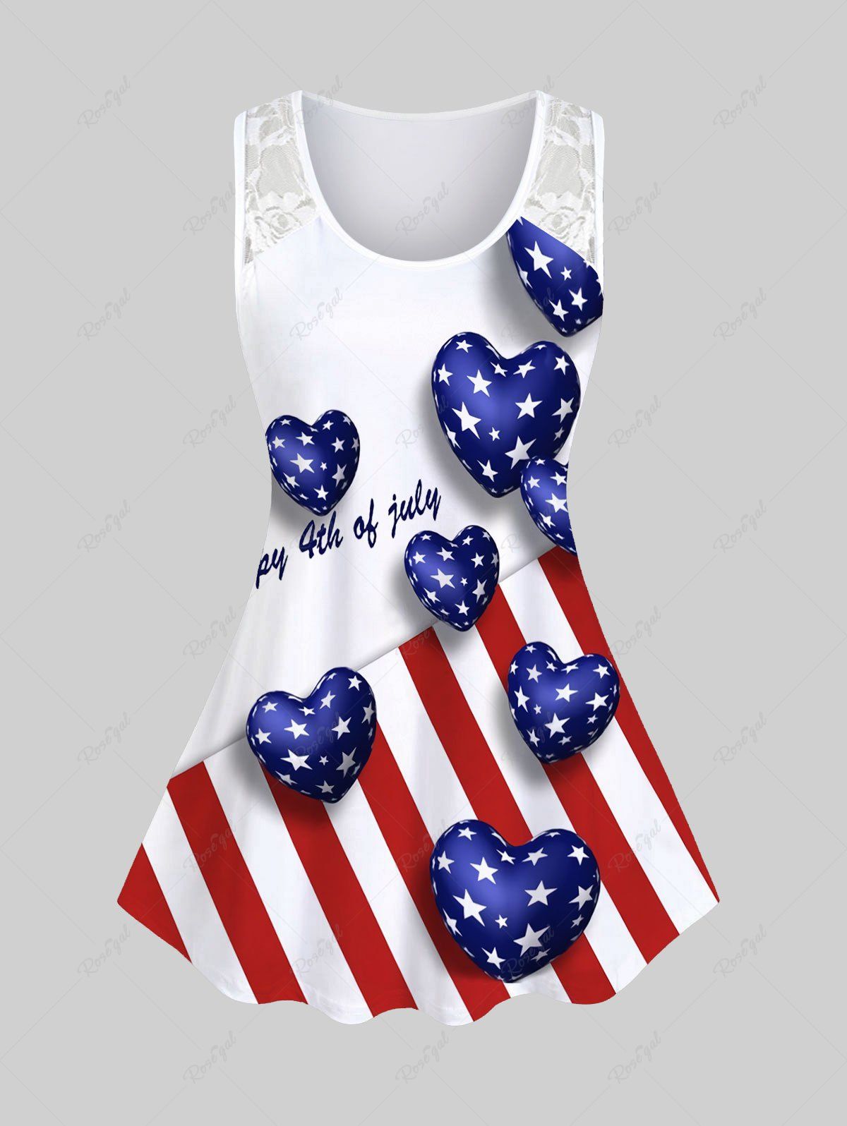 Shop Plus Size 3D Heart American Flag Printed Lace Panel Patriotic Tank Top  